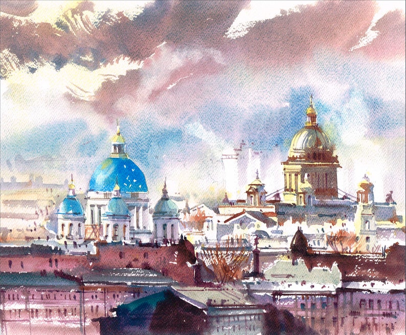 Watercolor Print Central view on St Isaac cathedral and Trinity Cathedral in St Petersburg Urban Landscape Drawing Illustration