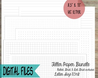 US Letter Size - Filler Paper Bundle - Square Grid, Dot Grid, Lined/Ruled Letter Size 8.5"x11"