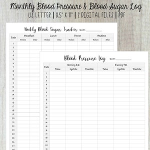 Blood Pressure, Blood Sugar, Monthly Log, Printable, Insert, Healthcare, Tracker, Medical Planner, Health Planner, Medical Tracker, Digital