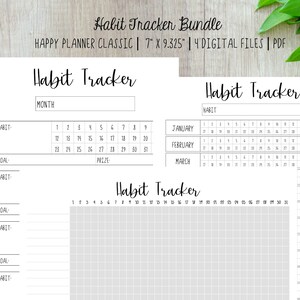 May include: A printable habit tracker for a Happy Planner Classic size planner. The tracker includes a monthly calendar, a habit tracker grid, and a section for setting goals and prizes. The tracker is designed for use with a 7 inch by 9.325 inch planner.