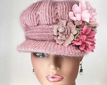 Beautiful  Warm Dusty Rose Winter Cap/ Womens Unique Newsboy Cap/Winter Hat/ Everyday Winter Hat