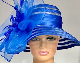 Lovely Royal Blue Striped Hat with Organza Decor,Easter Hat Church Hat,Kentucky Derby Hat, Audrey Hepburn Hat,Tea Party Hat,Downton Abby Hat