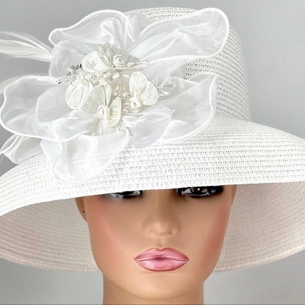 Exotic White Straw Hat /Kentucky Derby Hat /Easter Hat/ Church Hat /Downton Abby Hat /Tea Party Hat/Wedding Hat/Easter Hat