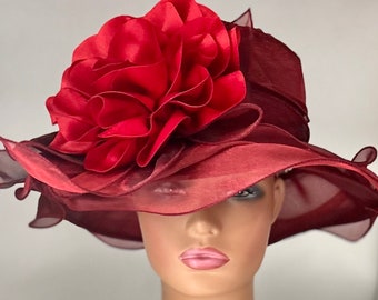 Burgundy and Red Organza Hat  /Kentucky Derby Hat /Easter Hat/ Church Hat /Kentucky Derby Hat /Tea Party Hat/Wedding Hat/