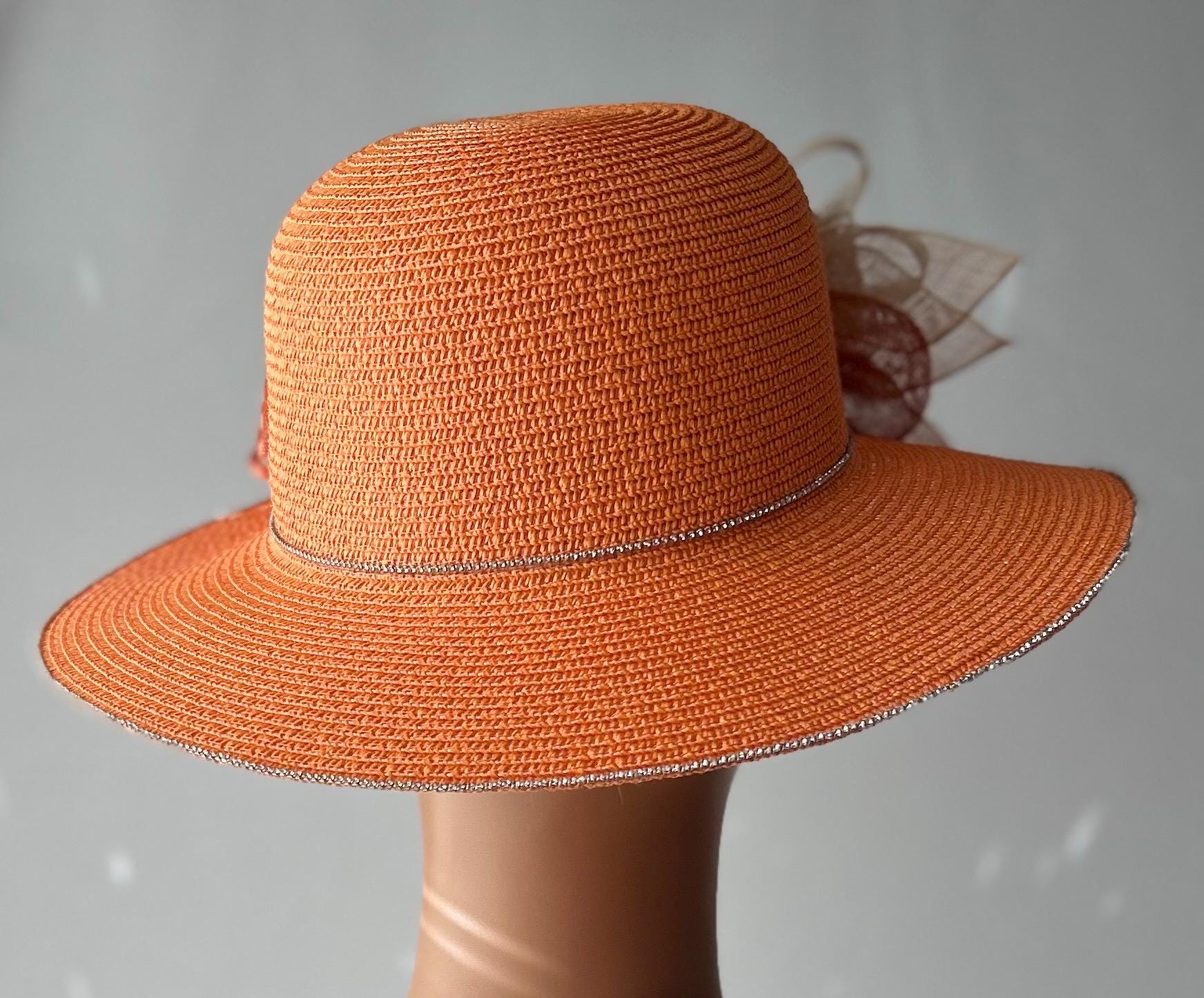 ORANGE STRAW DERBY HAT ? White w Orange Church Kentucky Derby Party Wedding Tea Wide  main image 2
