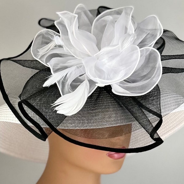 Gorgeous White and Black Straw Hat /Kentucky Derby Hat /Easter Hat/ Church Hat /Tea Party Hat/Wedding Hat/Downton Abby Hat/Retro Hat