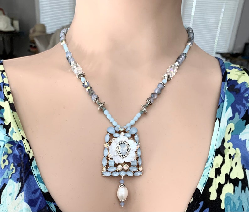 Victorian Mother of Pearl Freshwater Pearl and Powder Blue Marquis Glass Stones Necklace and Earring set Handmade in the USA