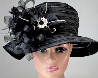 Lovely Black Satin Striped Hat/Easter Hat /Church Hat,Kentucky Derby Hat, Audrey Hepburn Hat,Tea Party Hat/Downton Abby Hat