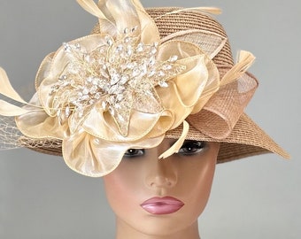 Dramatic Tan and Pale Gold Hat/Kentucky Derby Hat /Easter Hat/ Church Hat  /Tea Party Hat/Whimsical Hat/ Retro Hat/Downton Abby Hat
