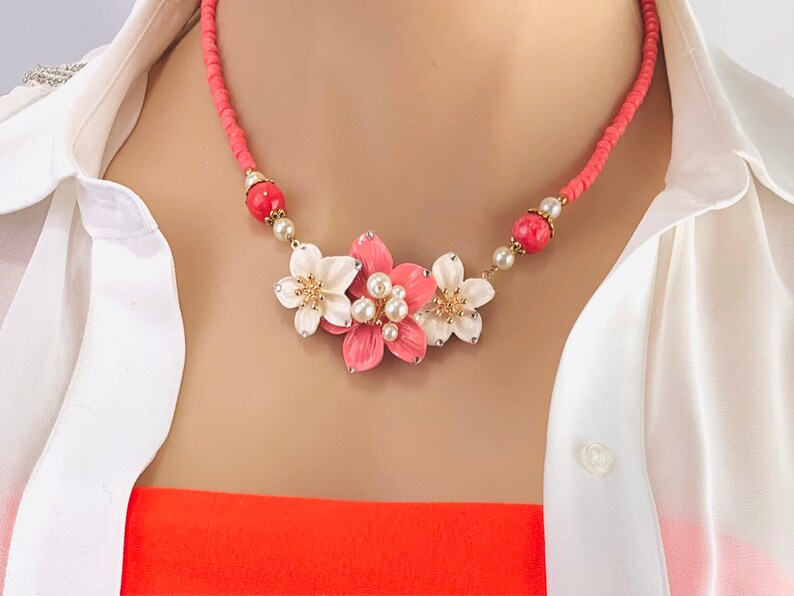 Handmade in the USA Coral and White Flower Necklace