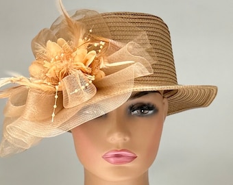 Unique Tan Straw Hat  /Kentucky Derby Hat /Easter Hat/ Church Hat /Tea Party Hat/Wedding Hat/Red Fedora/Jazzy Red Hat