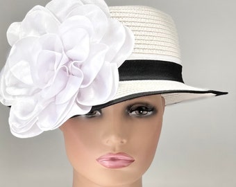 Amazing Black and White Straw Hat  /Kentucky Derby Hat /Easter Hat/ Church Hat /Tea Party Hat/Wedding Hat/Jazzy Hat