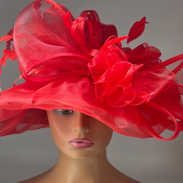 Magnificent Red Organza Hat  /Kentucky Derby Hat /Easter Hat/ Church Hat/Tea Party Hat/Downton Abby Hat/ Auntie Hat
