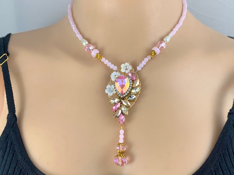 Victorian Leaf Pink Crystal Necklace with Drop Handmade in the USA