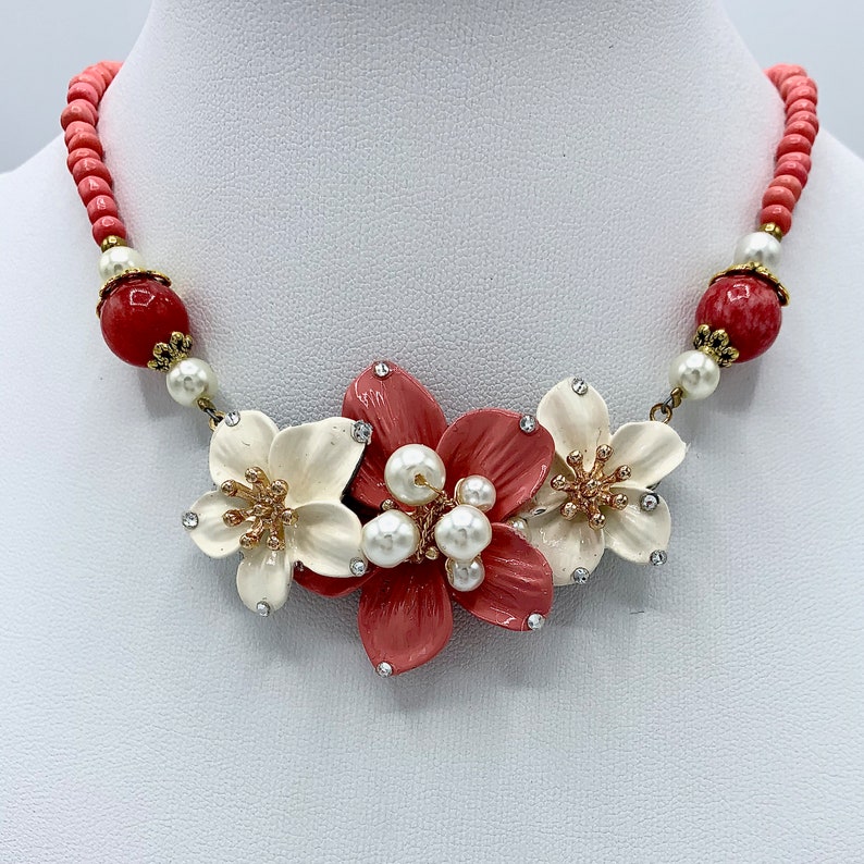 Handmade in the USA Coral and White Flower Necklace