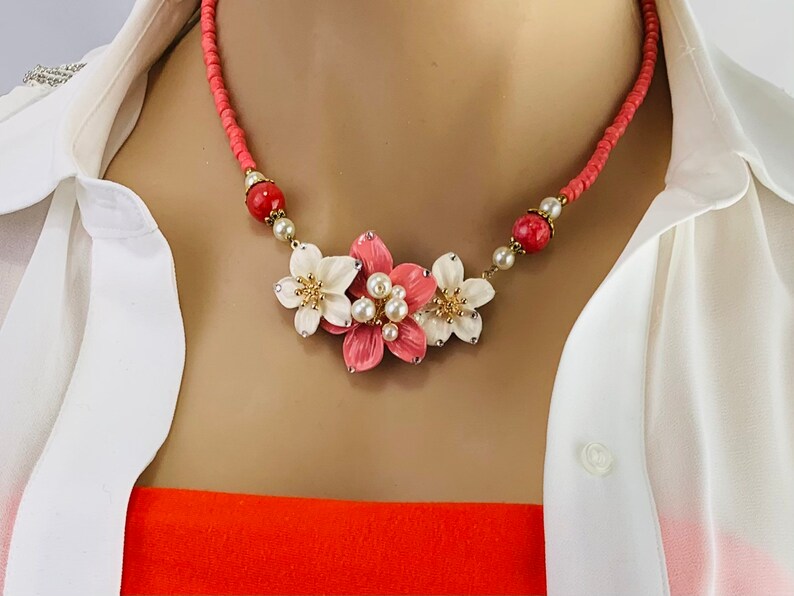 Handmade in the USA Coral and White Flower Necklace