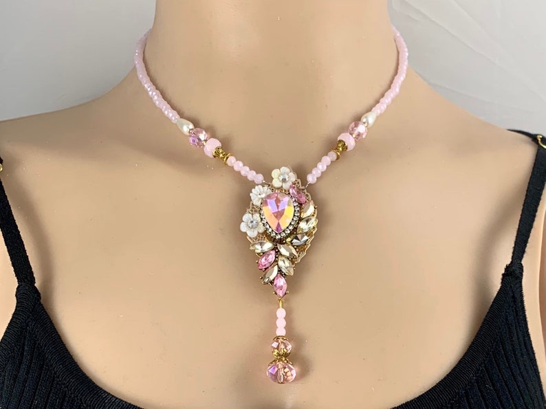 Victorian Leaf Pink Crystal Necklace with Drop Handmade in the USA