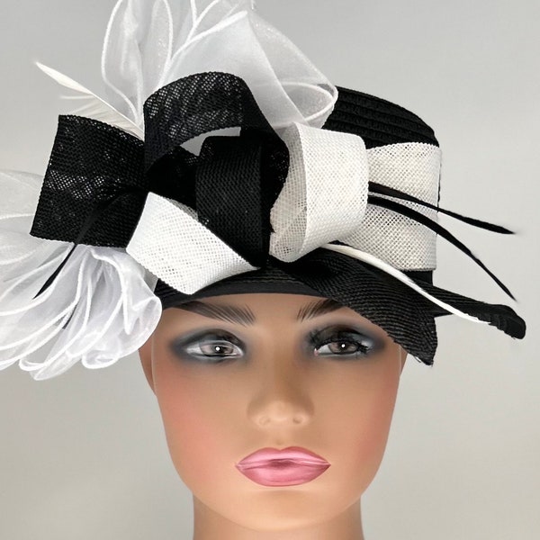 Amazing Black and White Straw Hat  /Kentucky Derby Hat /Easter Hat/ Church Hat /Tea Party Hat/Wedding Hat/Jazzy Hat