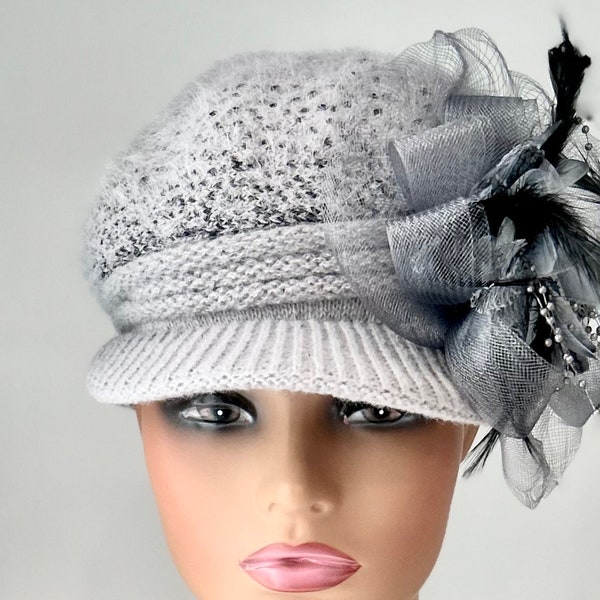 Elegant Greyish Blue with Black Dots Winter Newsboy Cap,Church Hat, Dressy Winter Hat, Winter Cloche Hat, Whimsical Winter Hat