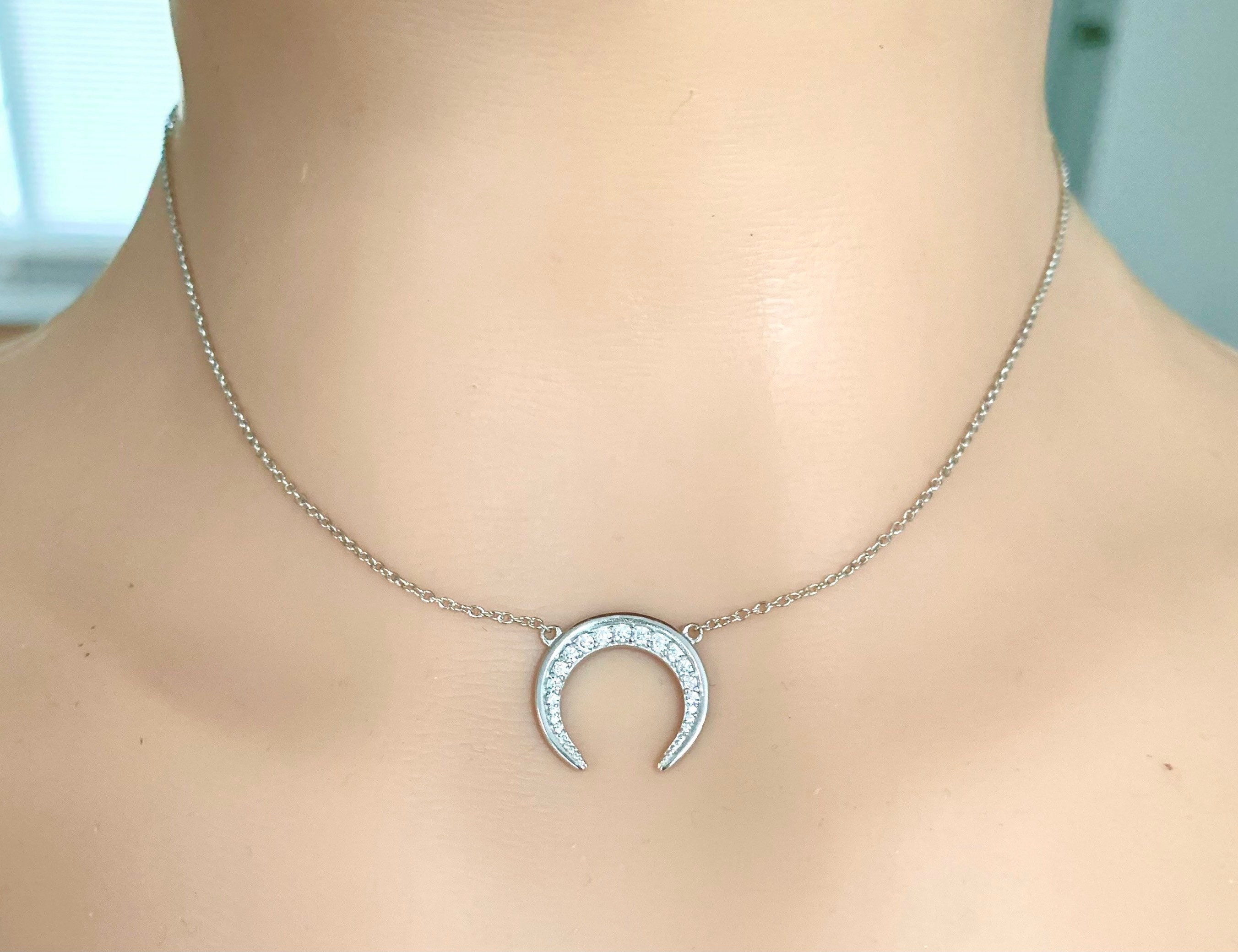 Sterling Silver choker necklace with a crystal moon pendant Etsy