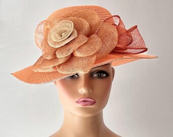 Elegant Orange Hat with Rhinestone Detail Style #447: Dazzling orange hat with flower & rhinestones. main image 2