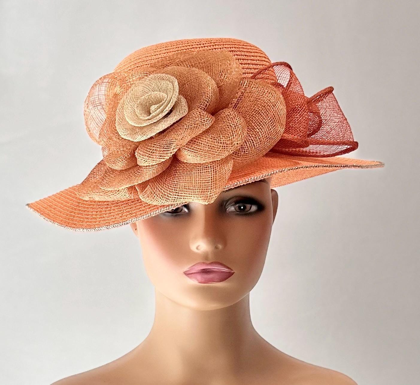 ORANGE STRAW DERBY HAT ? White w Orange Church Kentucky Derby Party Wedding Tea Wide  main image 3