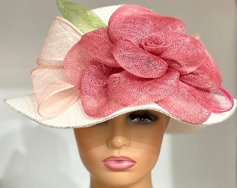 Dramatic White and Rose Straw and Sinamay Hat /Kentucky Derby Hat/Church Hat/ Flapper Hat/Audrey Hepburn Hat/Bucket Hat/Downtown Abbey Hat