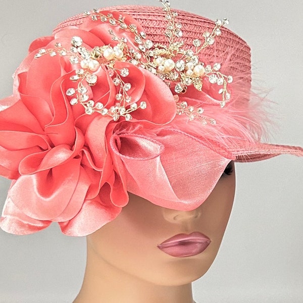 Dramatic  Coral Straw and Satin Hat  /Kentucky Derby Hat /Easter Hat/ Church Hat /Kentucky Derby Hat /Tea Party Hat/Wedding Hat/