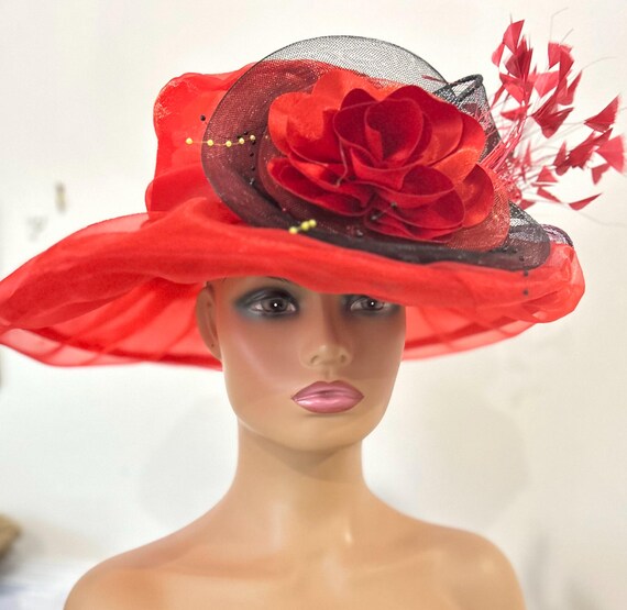 Red Organza Kentucky Derby Hat: Feathered Satin Flower  display picture 3