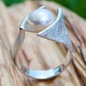 Ring pearl, matte silver, genuine freshwater pearl