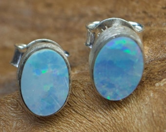 Ear studs precious opal, brushed silver, small ear studs opal