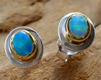 Opal stud earrings, silver, gold-plated setting, small opal stud earrings