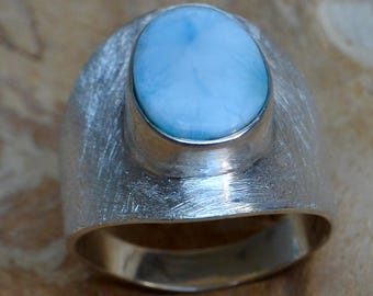 Larimar ring, brushed silver, size 56 | Gemstone ring, 13 x 10 mm | Handmade women's ring