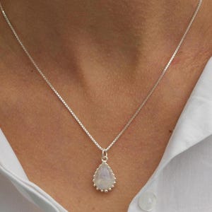 Necklace with moonstone, silver, cabochon, drop pendant with chain