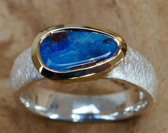 Opal ring, brushed silver, gold, boulder opal, size 54