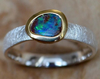 Opal ring, brushed silver, gold, boulder opal, size 54