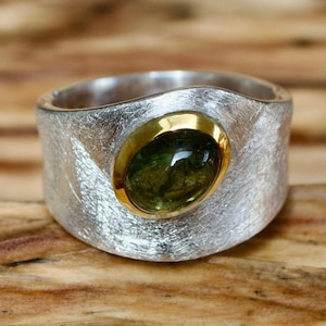 Ring Tourmaline, silver, brushed, gold-plated, statement ring gemstone, size 56