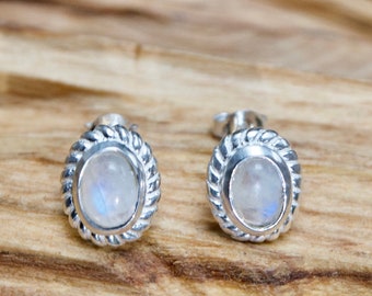 Earrings moonstone, silver, cabochon, oval gemstone