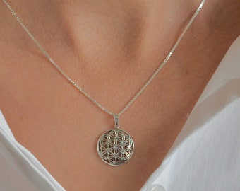 Cadena Flor de la Vida, plata, colgante con cadena de plata, varias longitudes