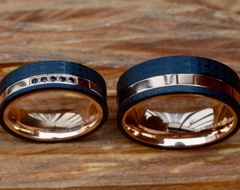 Stainless steel partner rings, zirconia, black; engagement rings, rose gold; wedding rings with free inner engraving