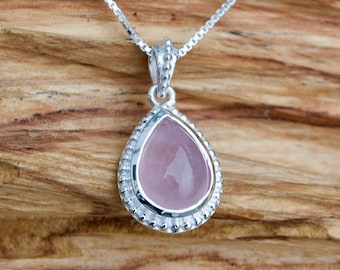 Pendant rose quartz, silver, precious stone teardrop