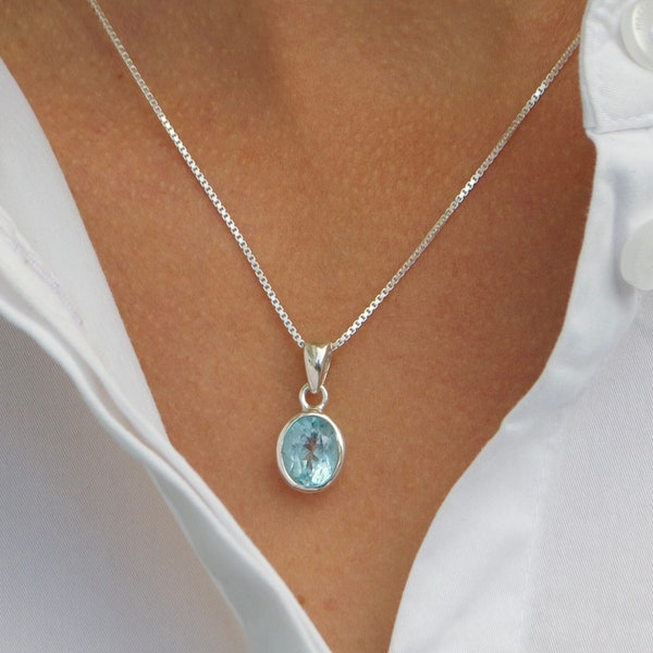 Necklace blue topaz, silver, faceted, oval pendant with chain