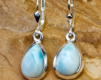 May include: A pair of silver dangle earrings with teardrop-shaped blue and white iridescent gemstone stones.