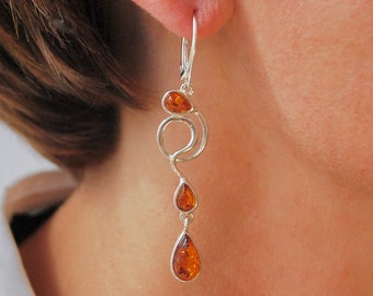 Earrings Amber, silver, long drops Earrings, honey-coloured