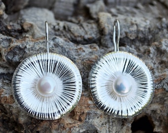 Earrings real pearl, silver, threader, round earrings