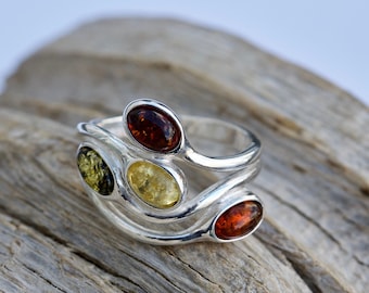 Bague ambre, argent, pierre précieuse multicolore