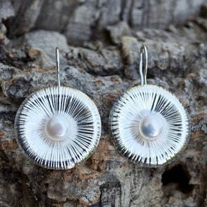 Earrings real pearl, silver, threader, round earrings