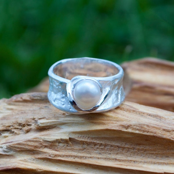 Ring Perle, Silber matt, echte Süßwasserperle