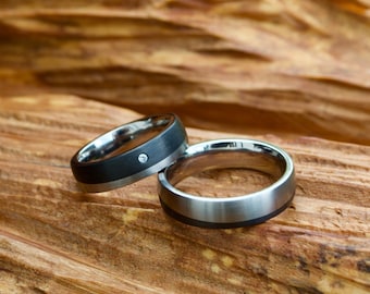 Wedding rings, titanium carbon, diamond (0.02 ct w/si), partner rings, diamond wedding rings