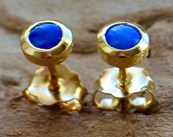 Stud earrings, precious opal, silver, gold-plated, blue opal